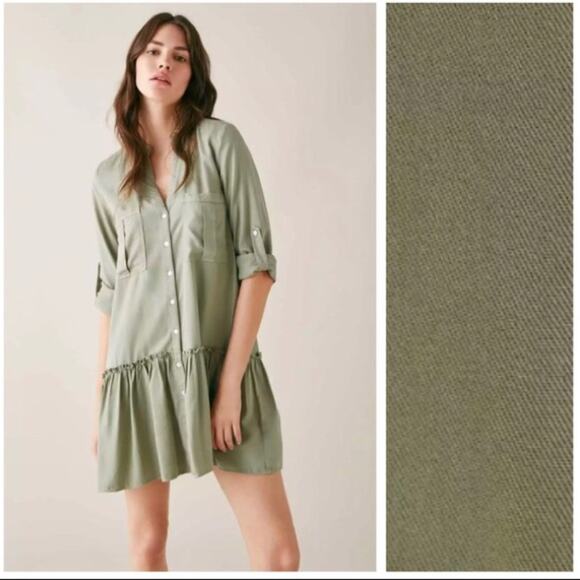 Zara Army Green Babydoll Ruffle Button Oversized Mini Dress XS Lightweight Beach - Picture 2 of 15